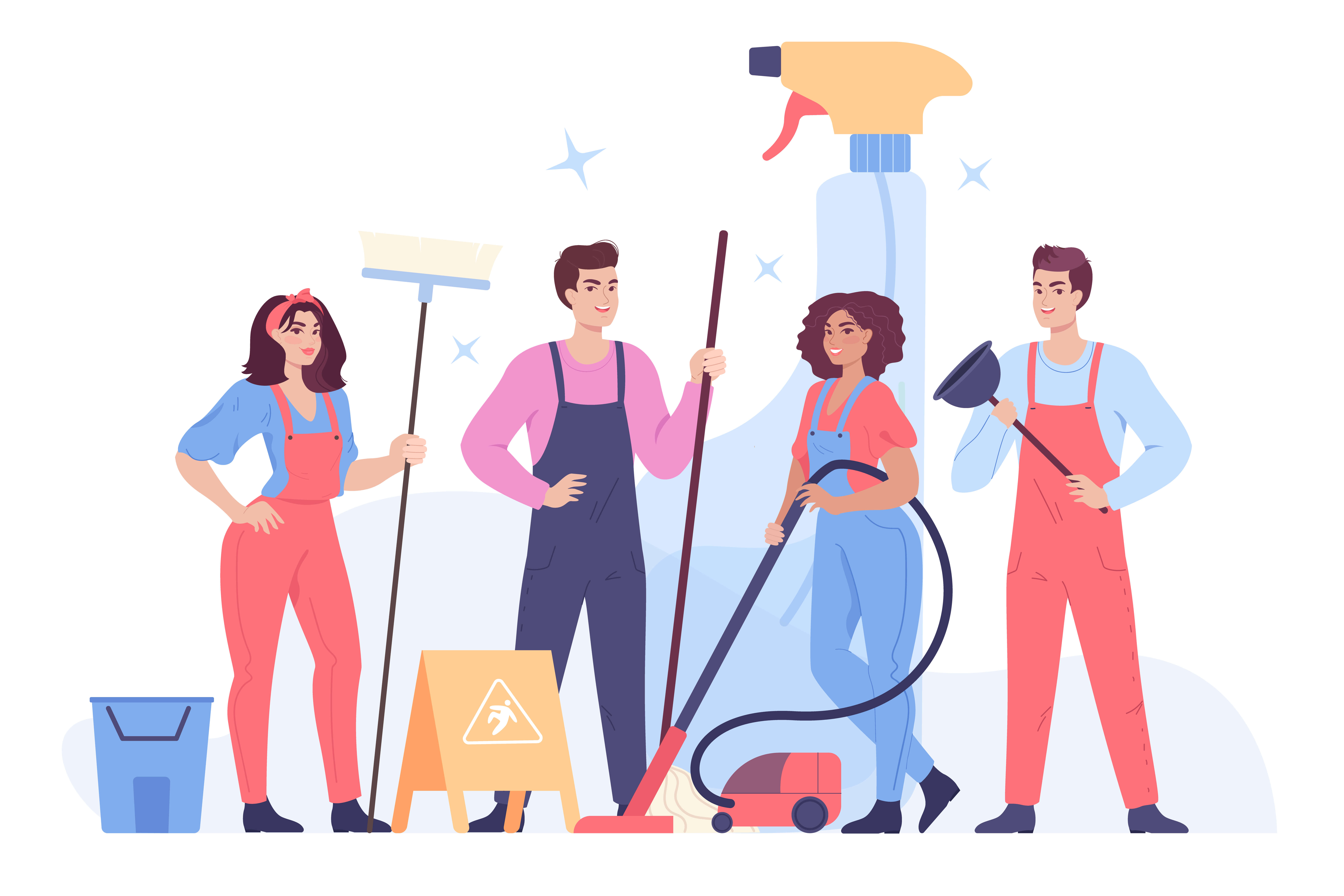 animated photo of four cleaners holding brooms with other cleaning equipment around them